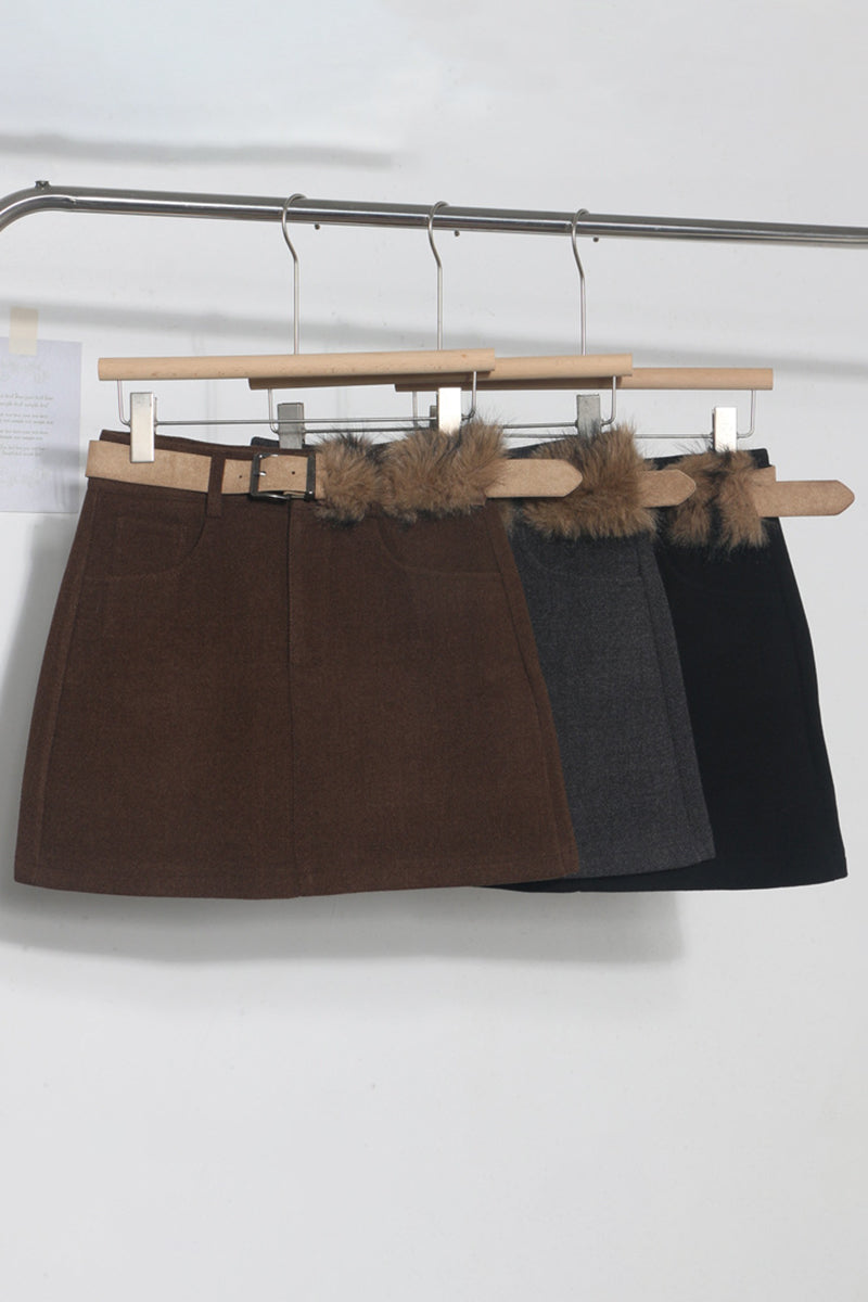 Faux Fur Belted Mini Skirt