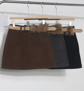 Faux Fur Belted Mini Skirt