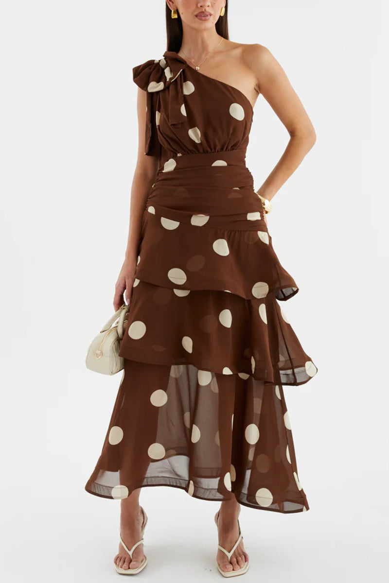 Polka Dot One-Shoulder Maxi Dress