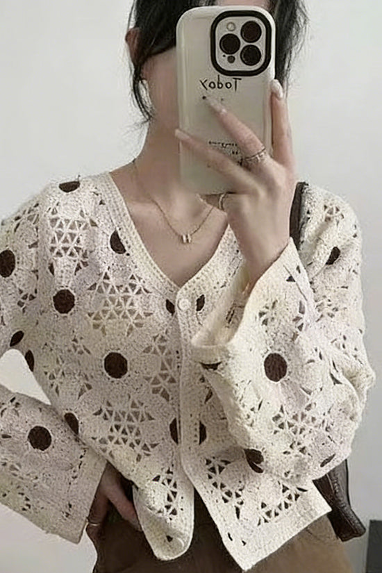 Button-Up Crochet Cardigan with Cut-Outs