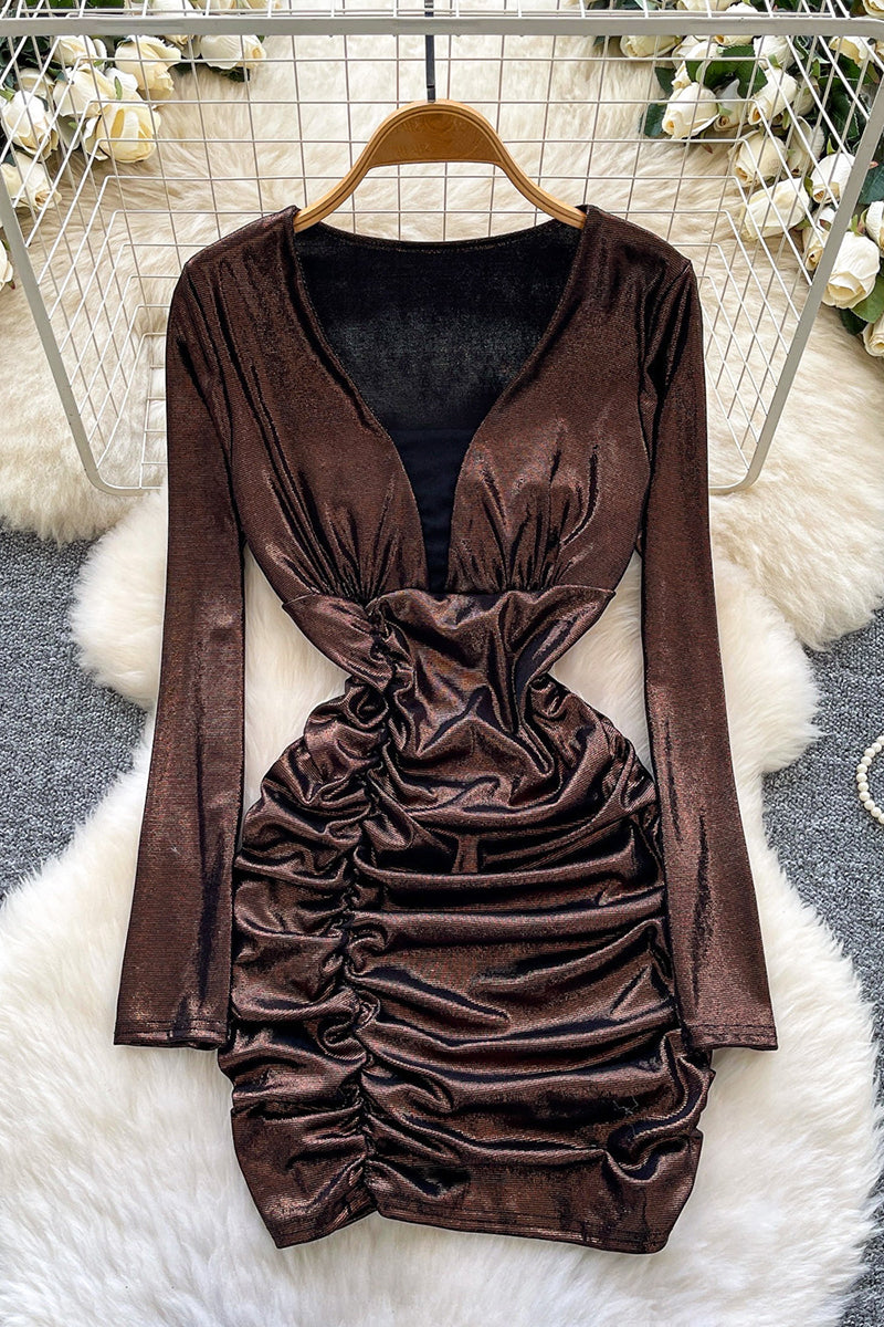 Ruched Deep V-Neck Casual Dress