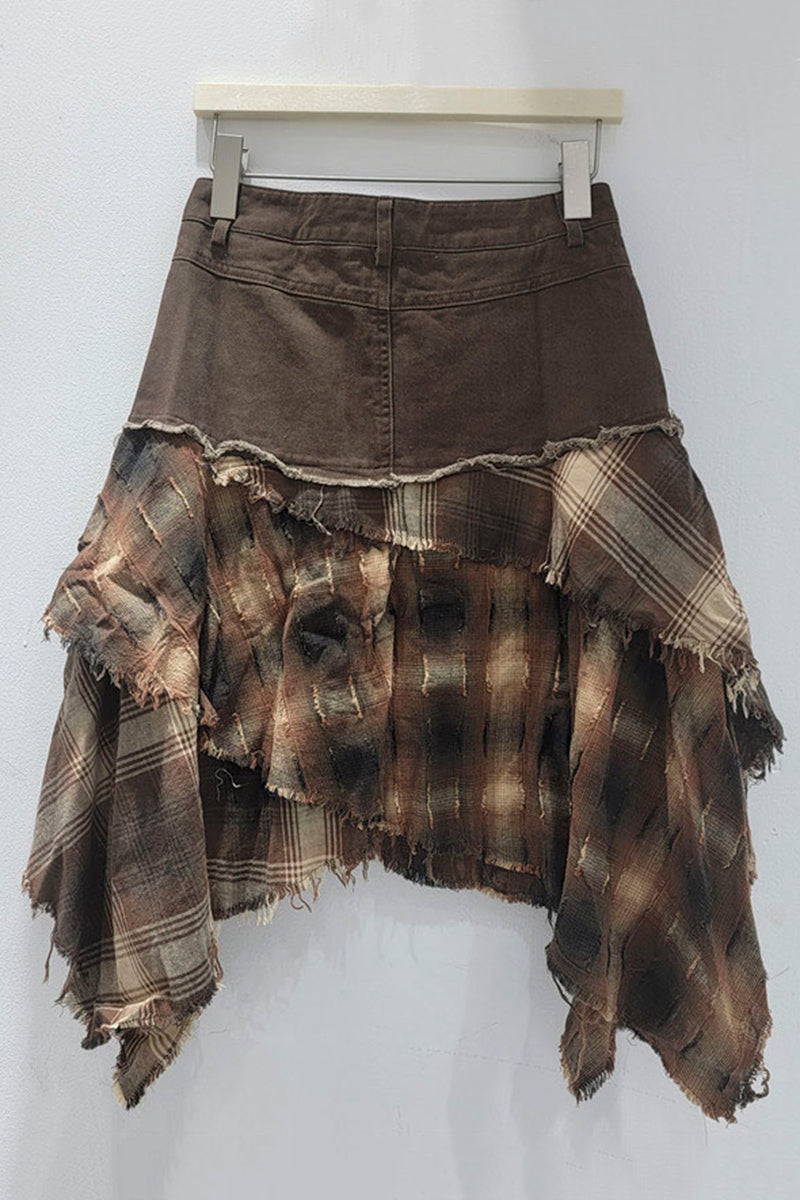 Distressed Plaid Layered Midi Skirt