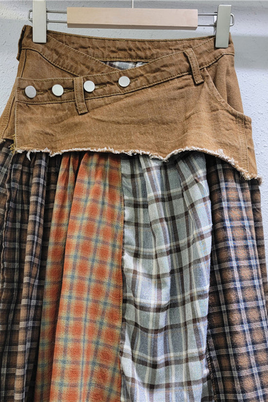 Plaid Patchwork Asymmetrical Midi Skirt
