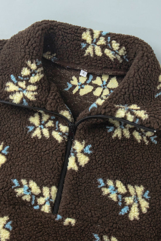 Floral Pattern Half-Zip Fleece Hoodie