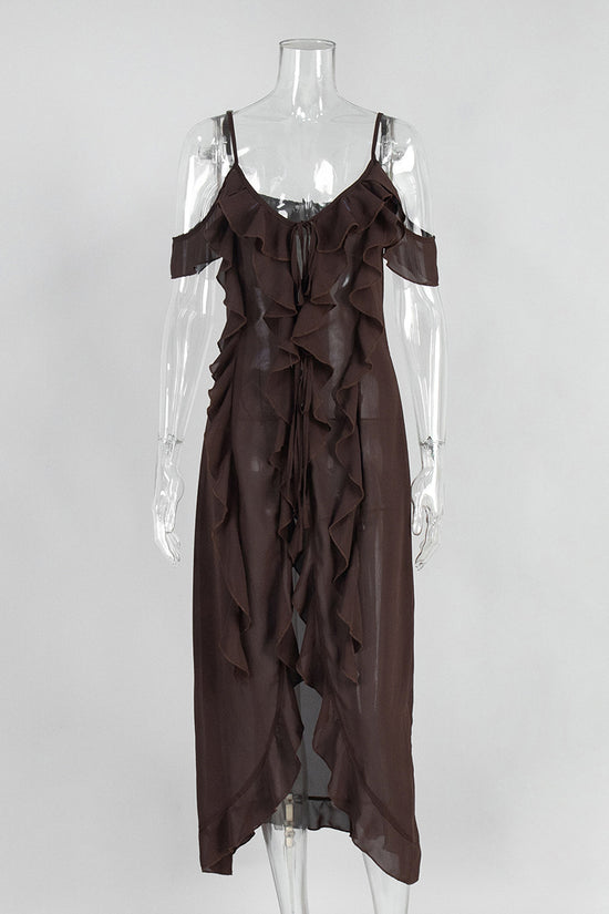 Ruffle Trim Cold Shoulder Midi Dress