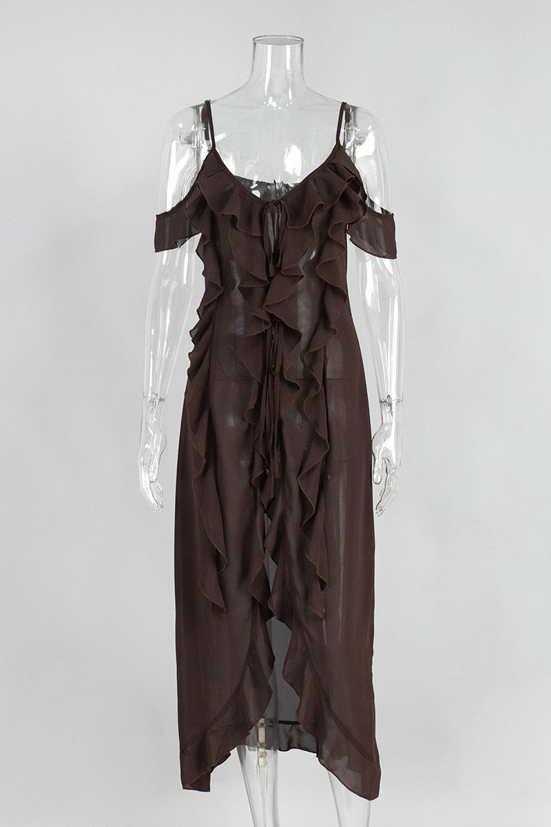 Ruffle Trim Cold Shoulder Midi Dress