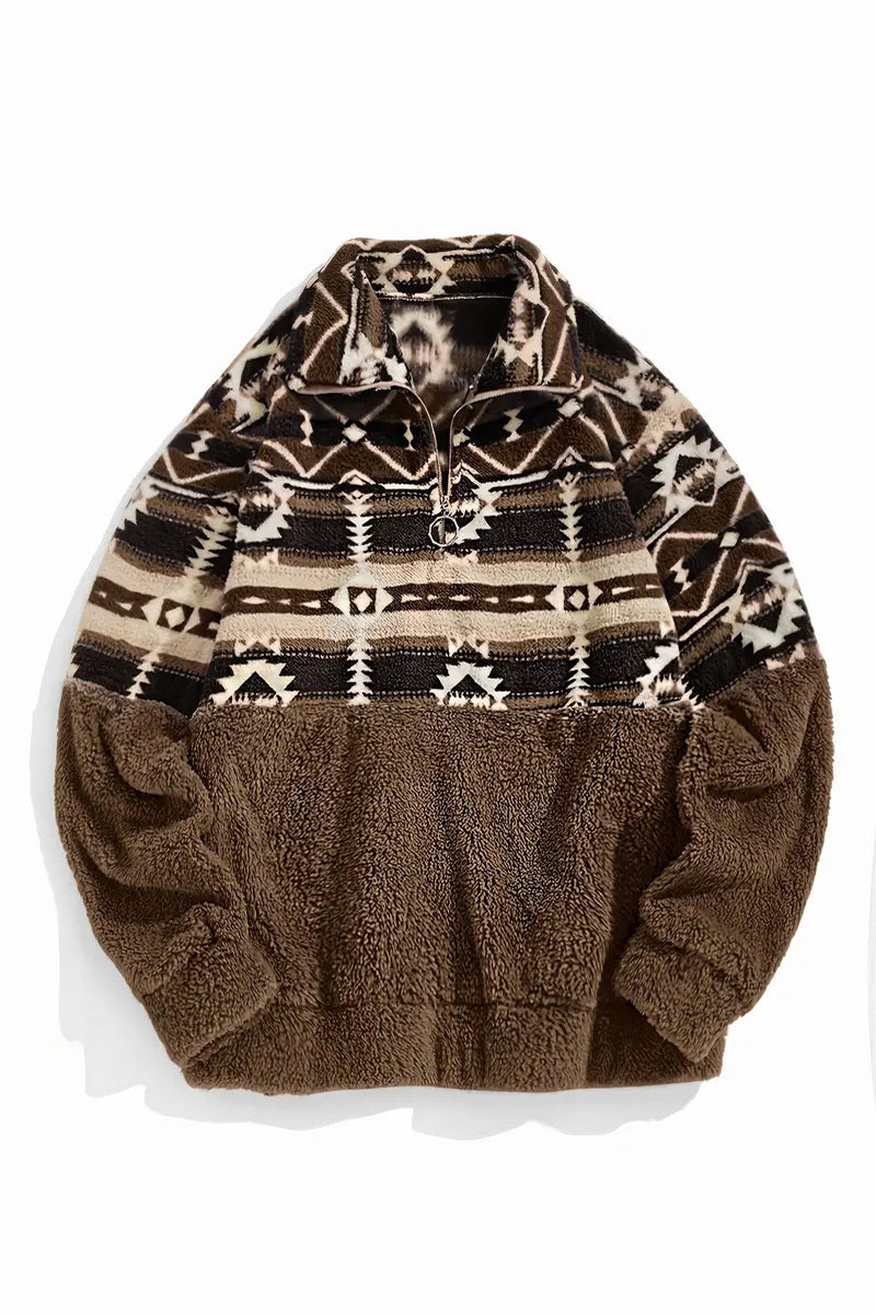Patterned Half-Zip Casual Sweatshirt