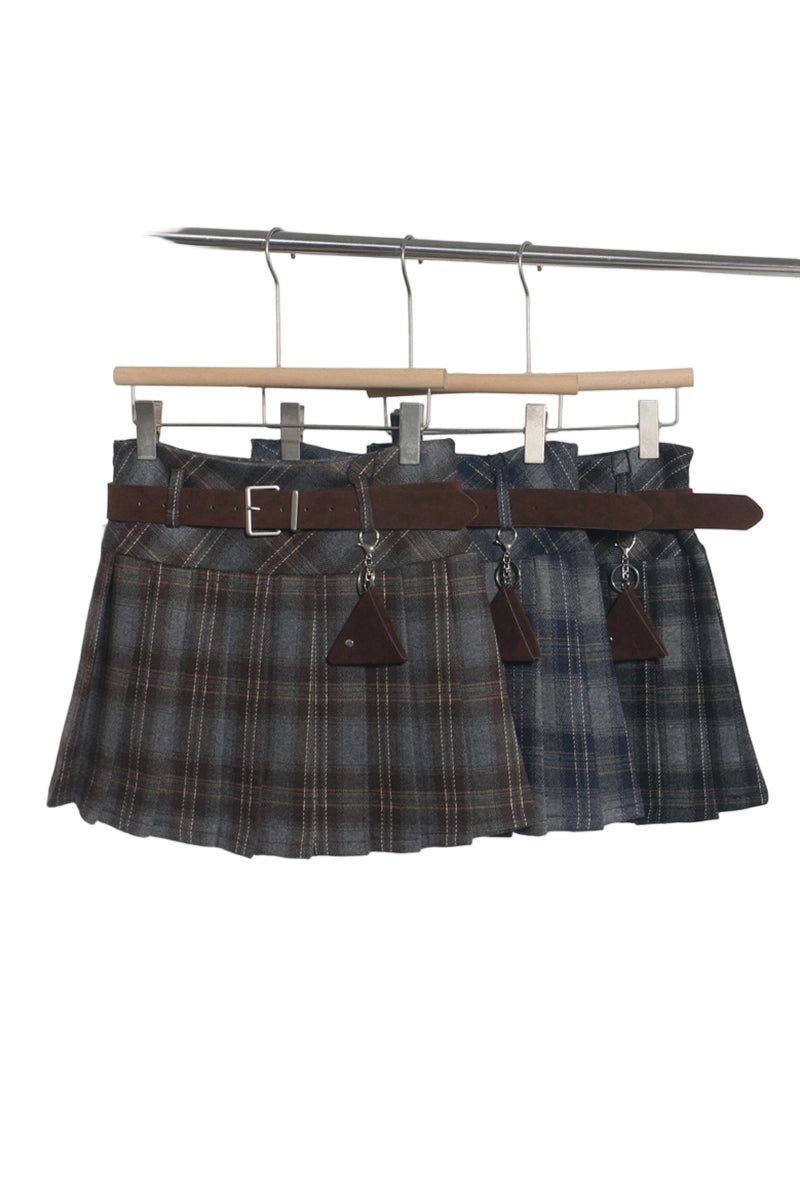 Plaid Pleated Mini Skirt with Belt
