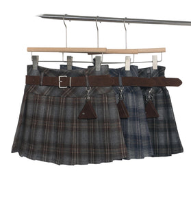 Plaid Pleated Mini Skirt with Belt