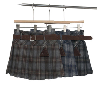 Plaid Pleated Mini Skirt with Belt