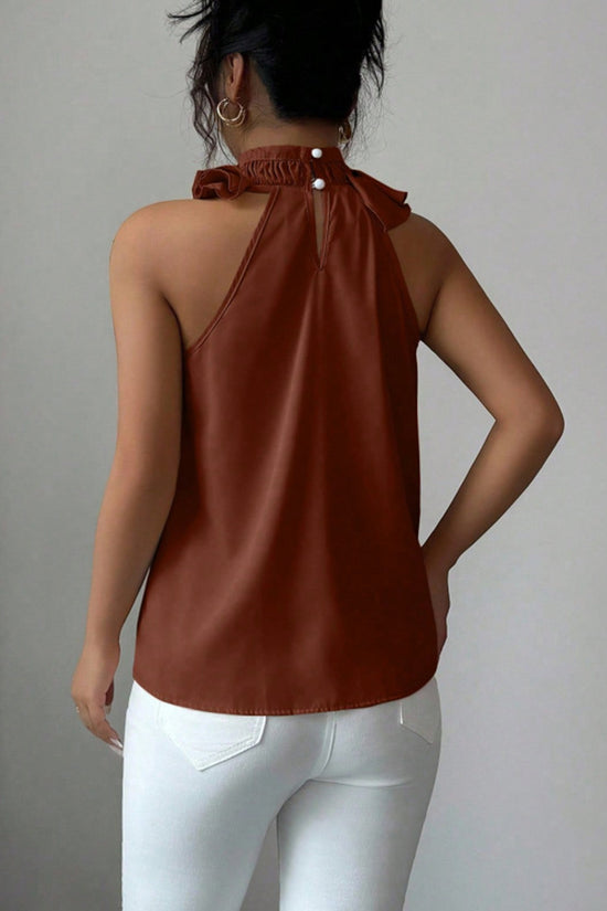 Ruffled High Neck Sleeveless Blouse