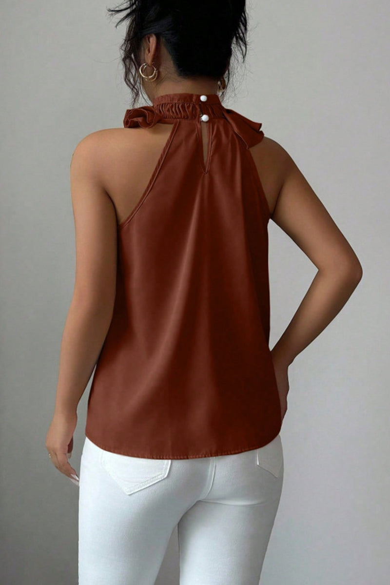 Ruffled High Neck Sleeveless Blouse