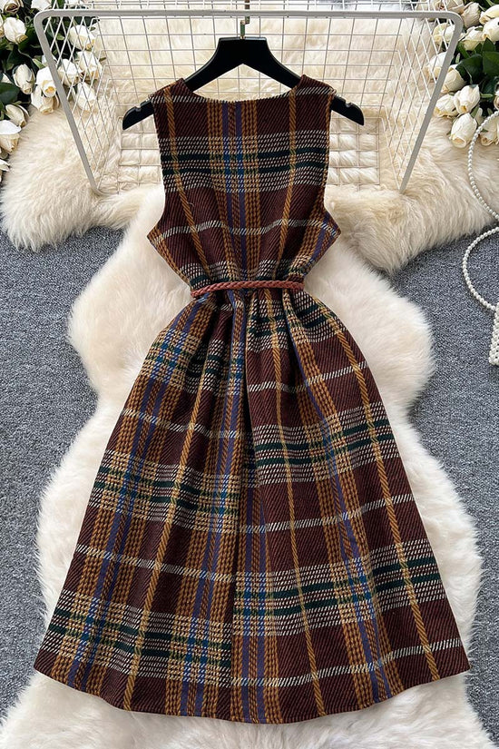Buttoned Plaid Sleeveless Dress