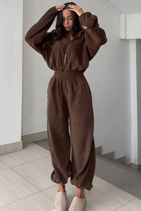 Cozy Zip-Up Jumpsuit with Elastic Waist
