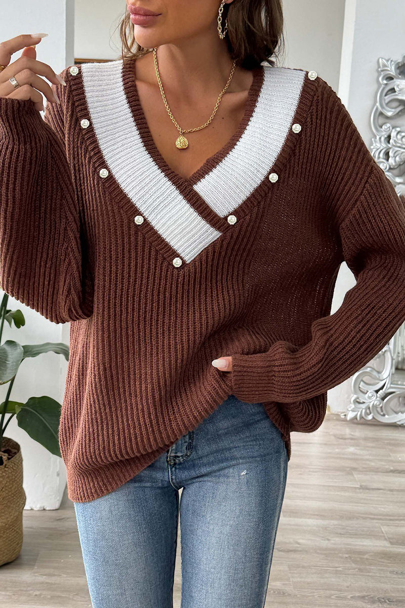 V-Neck Pearl Accent Sweater