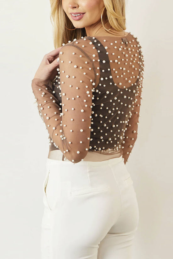 Pearl Embellished Mesh Long Sleeve Top