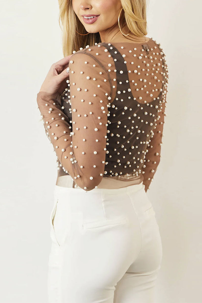 Pearl Embellished Mesh Long Sleeve Top