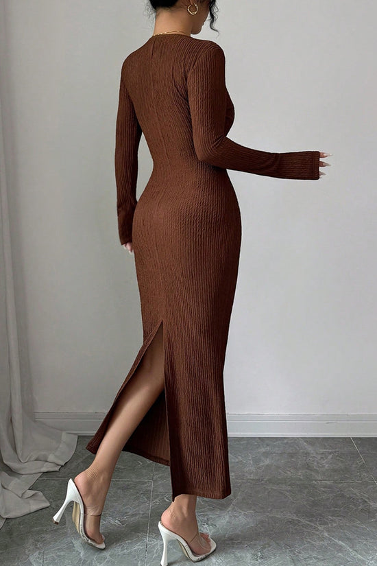 Buckle Waist Textured Long Sleeve Dress
