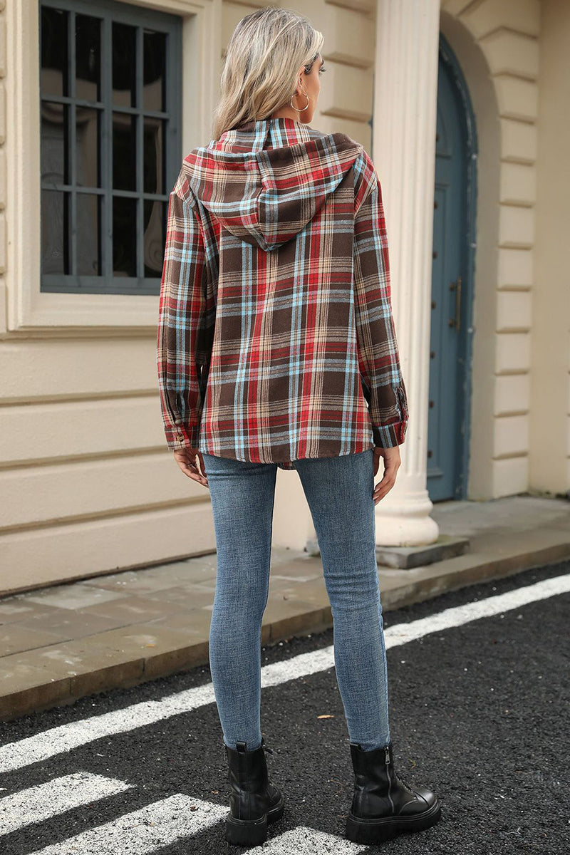 Plaid Hooded Button-Up Blouse