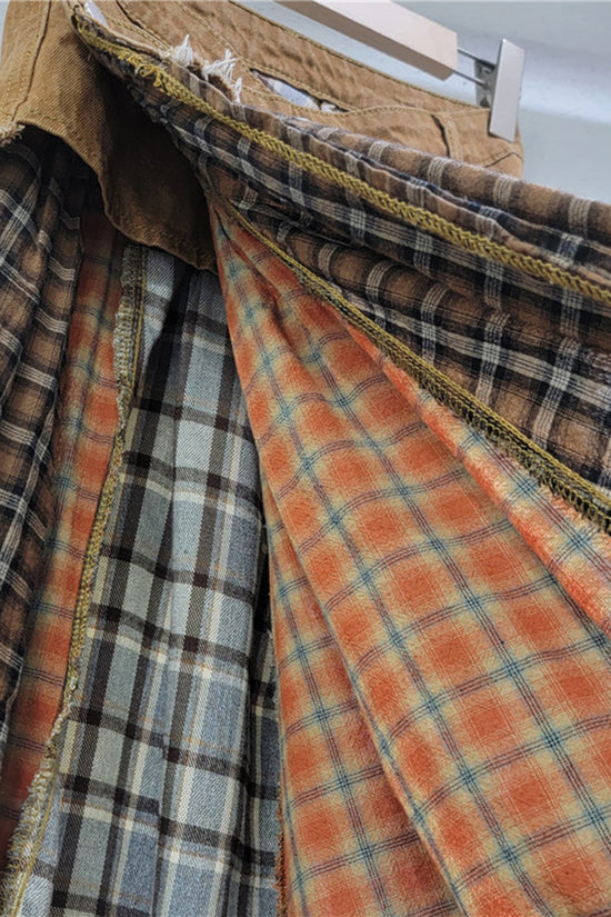 Plaid Patchwork Asymmetrical Midi Skirt