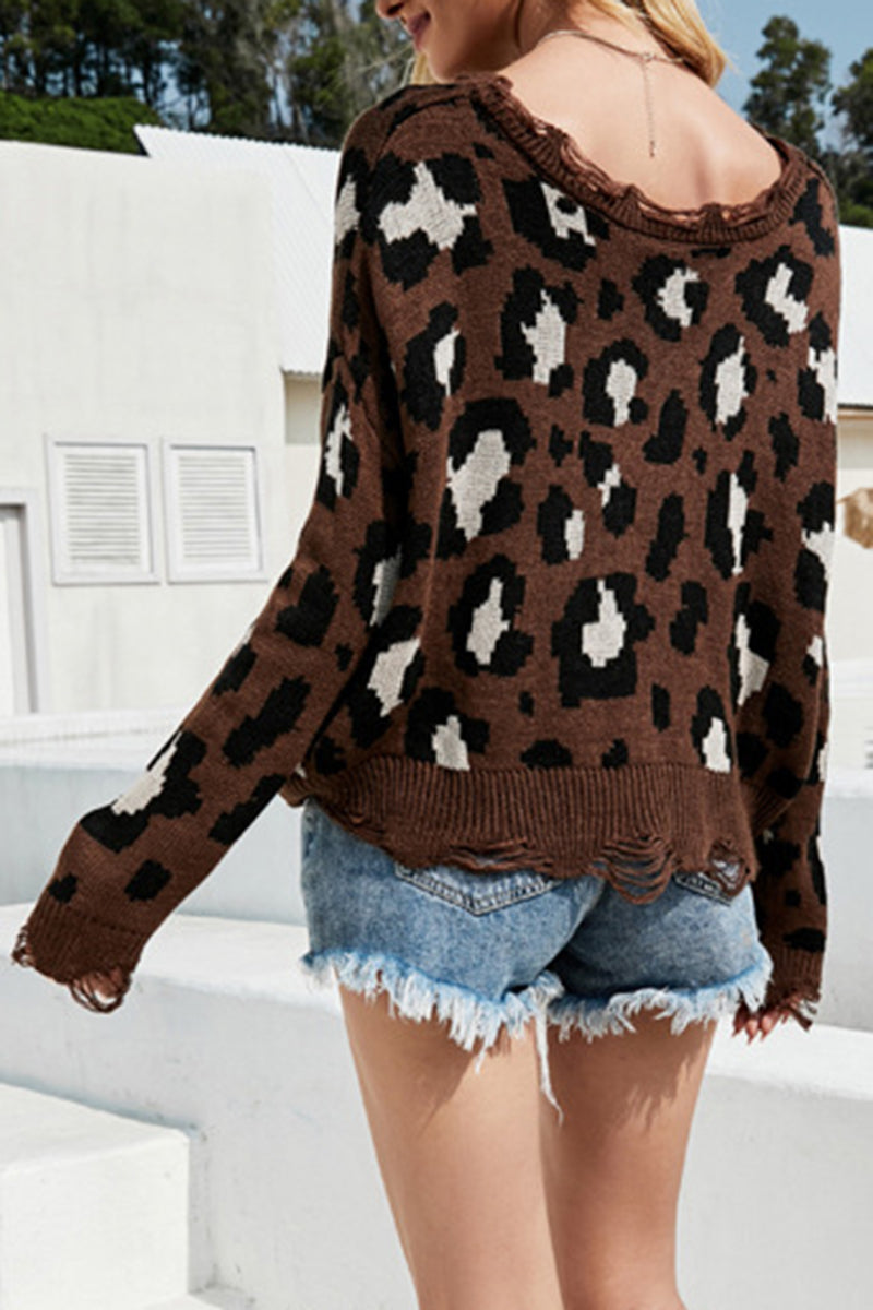 Wild Print V-Neck Distressed Sweater