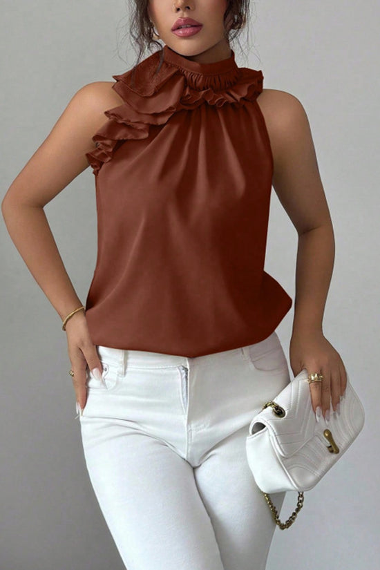 Ruffled High Neck Sleeveless Blouse