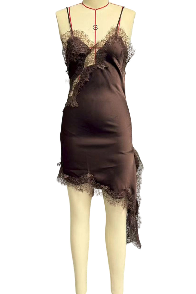 Asymmetrical Hem Lace Trim Slip Dress