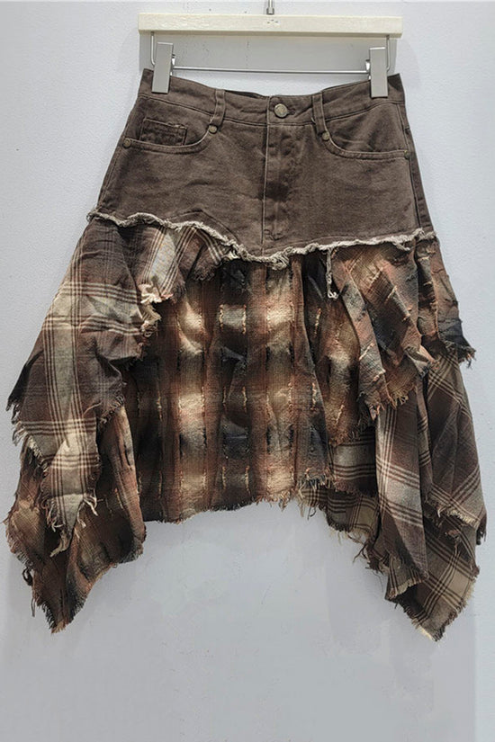 Distressed Plaid Layered Midi Skirt