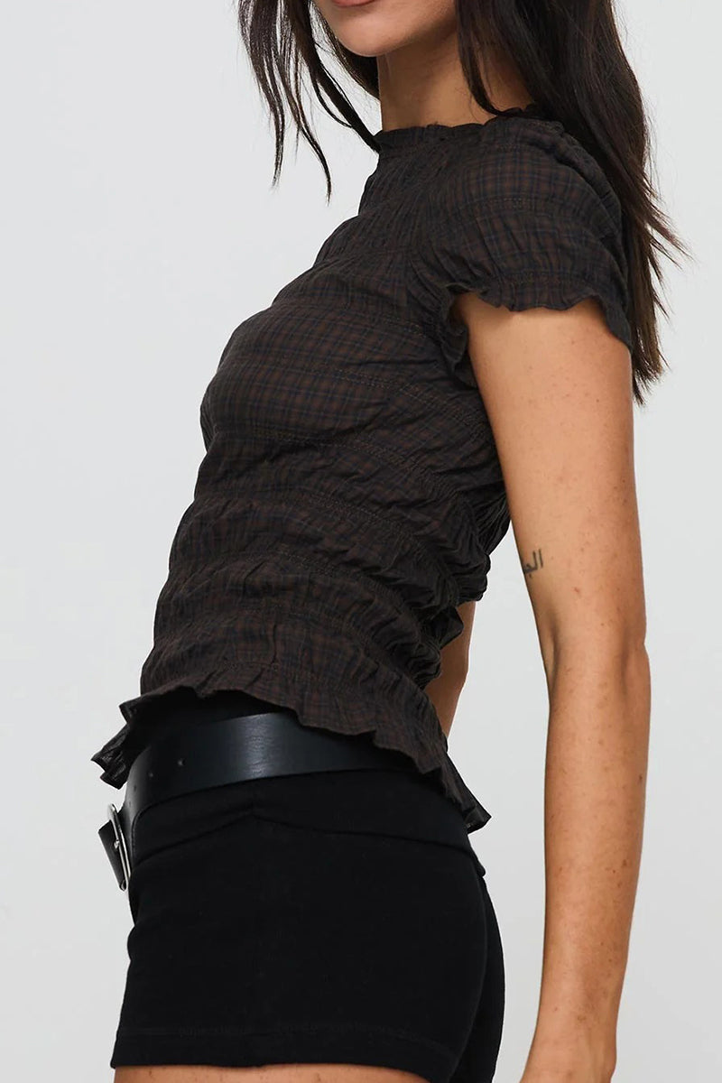 Ruffled Plaid Short Sleeve Top