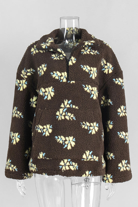 Floral Pattern Half-Zip Fleece Hoodie