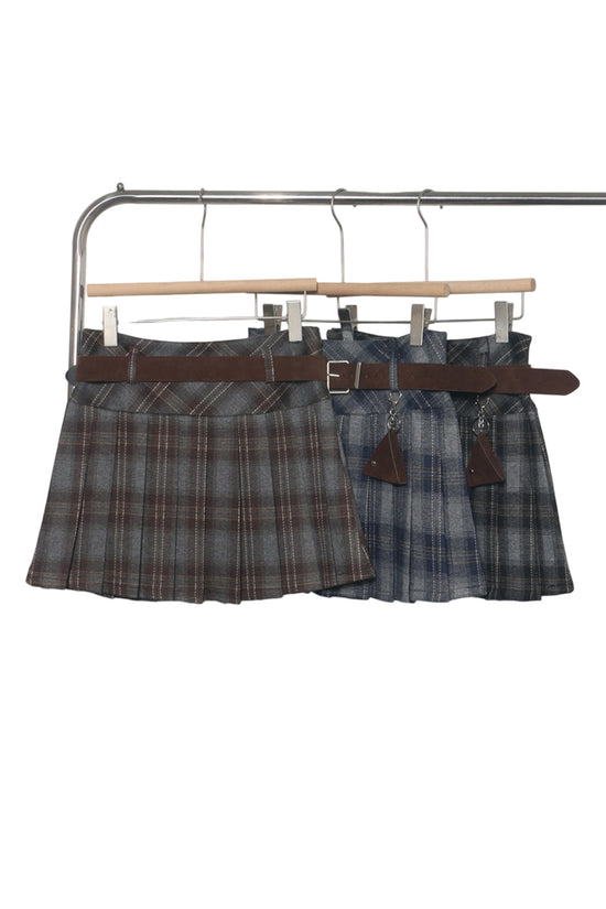 Plaid Pleated Mini Skirt with Belt