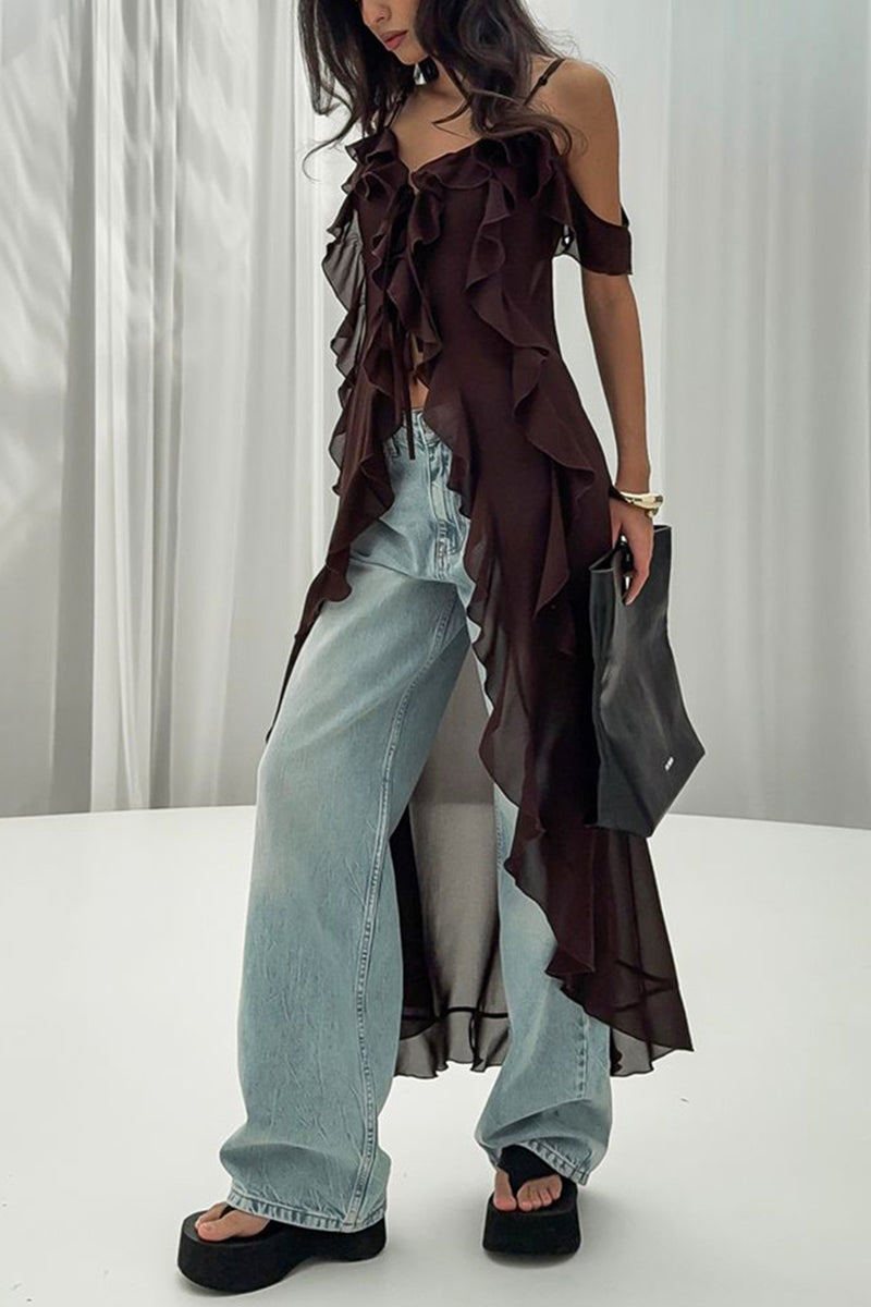Ruffle Trim Cold Shoulder Midi Dress