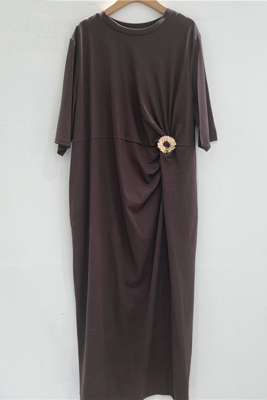 Elegant Ruched Midi Dress with Brooch