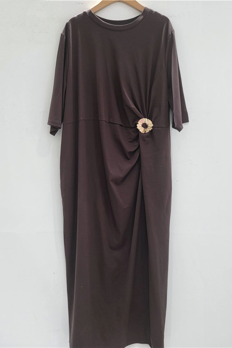 Elegant Ruched Midi Dress with Brooch