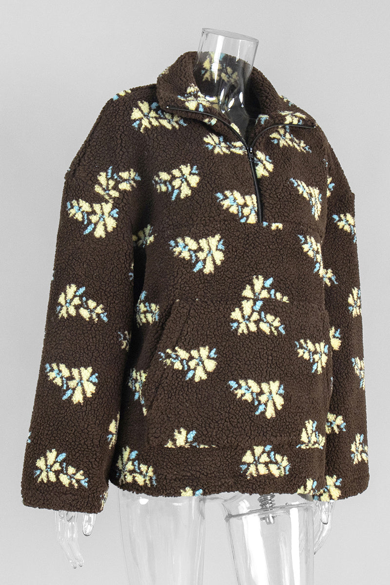 Floral Pattern Half-Zip Fleece Hoodie