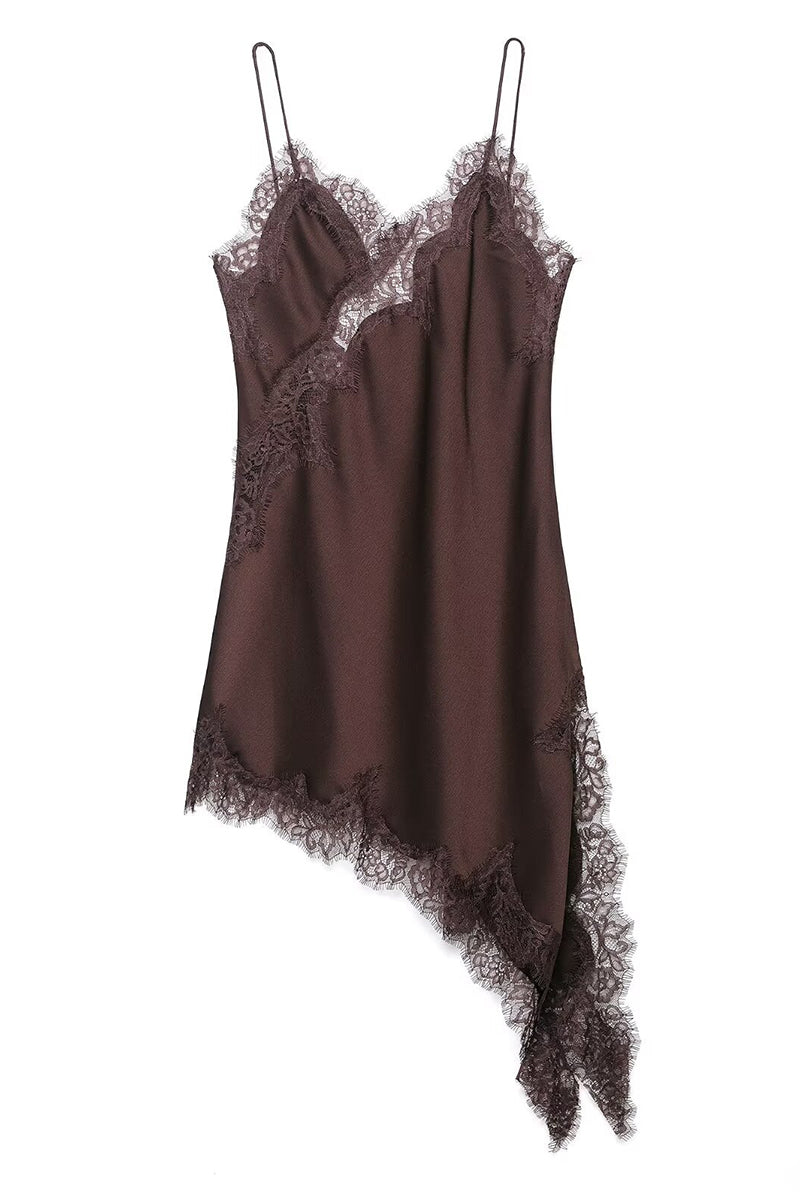 Asymmetrical Hem Lace Trim Slip Dress