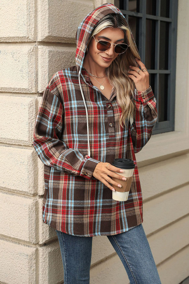 Plaid Hooded Button-Up Blouse