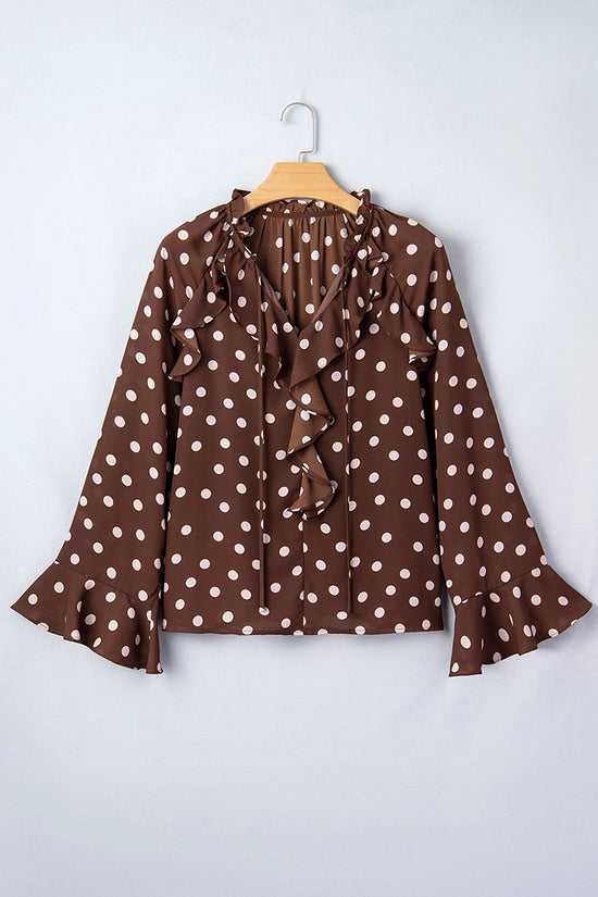 Polka Dot Ruffle Trim Bell Sleeve Blouse