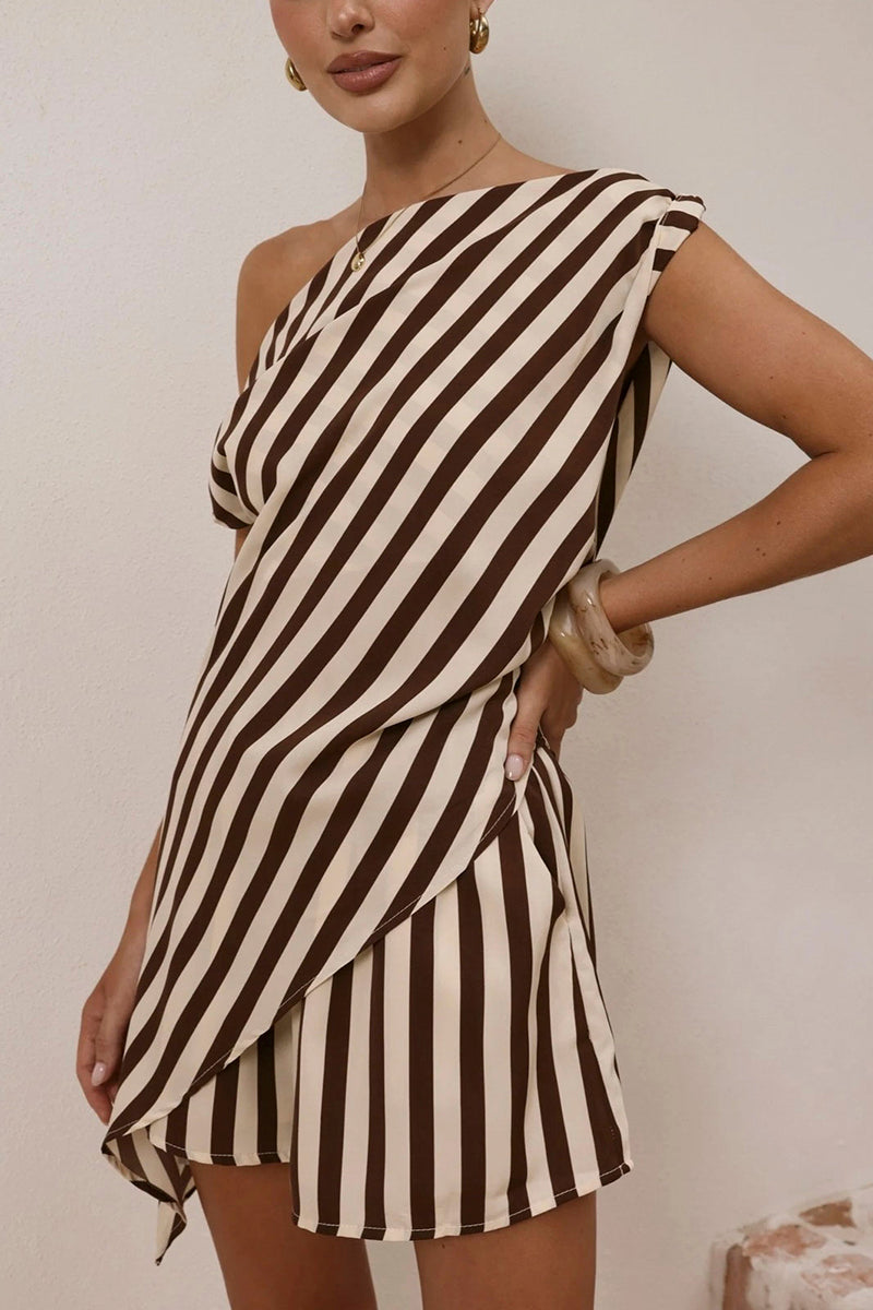 Striped Asymmetric One-Shoulder Shorts Set