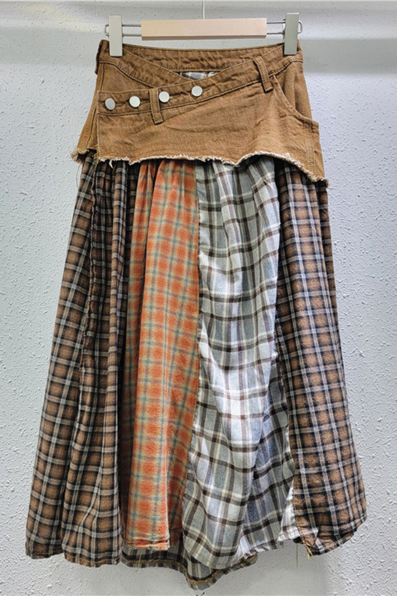 Plaid Patchwork Asymmetrical Midi Skirt