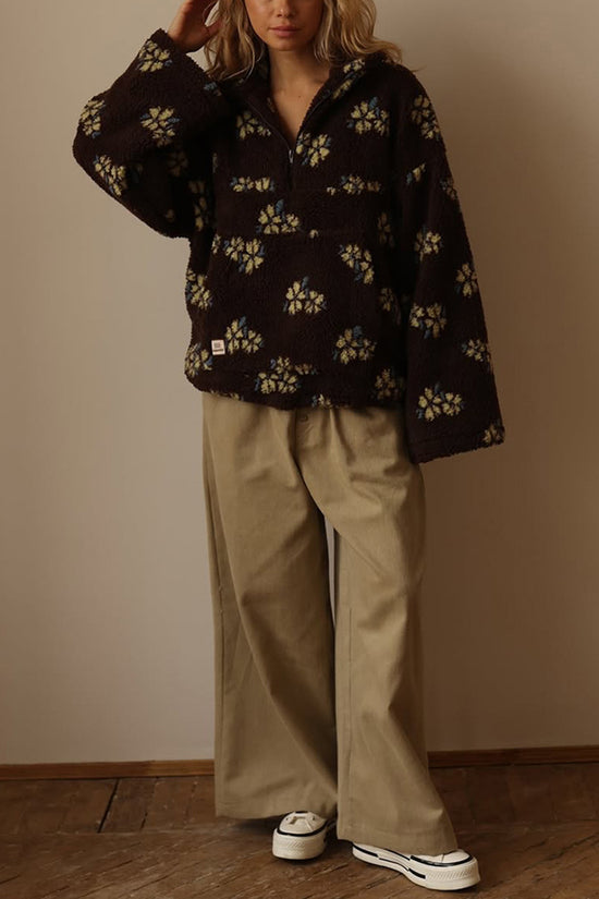 Floral Pattern Half-Zip Fleece Hoodie