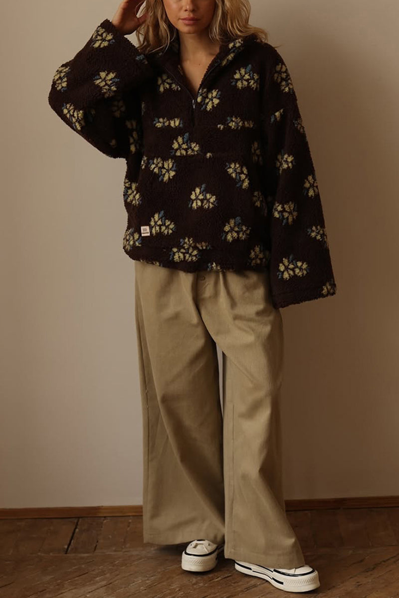 Floral Pattern Half-Zip Fleece Hoodie
