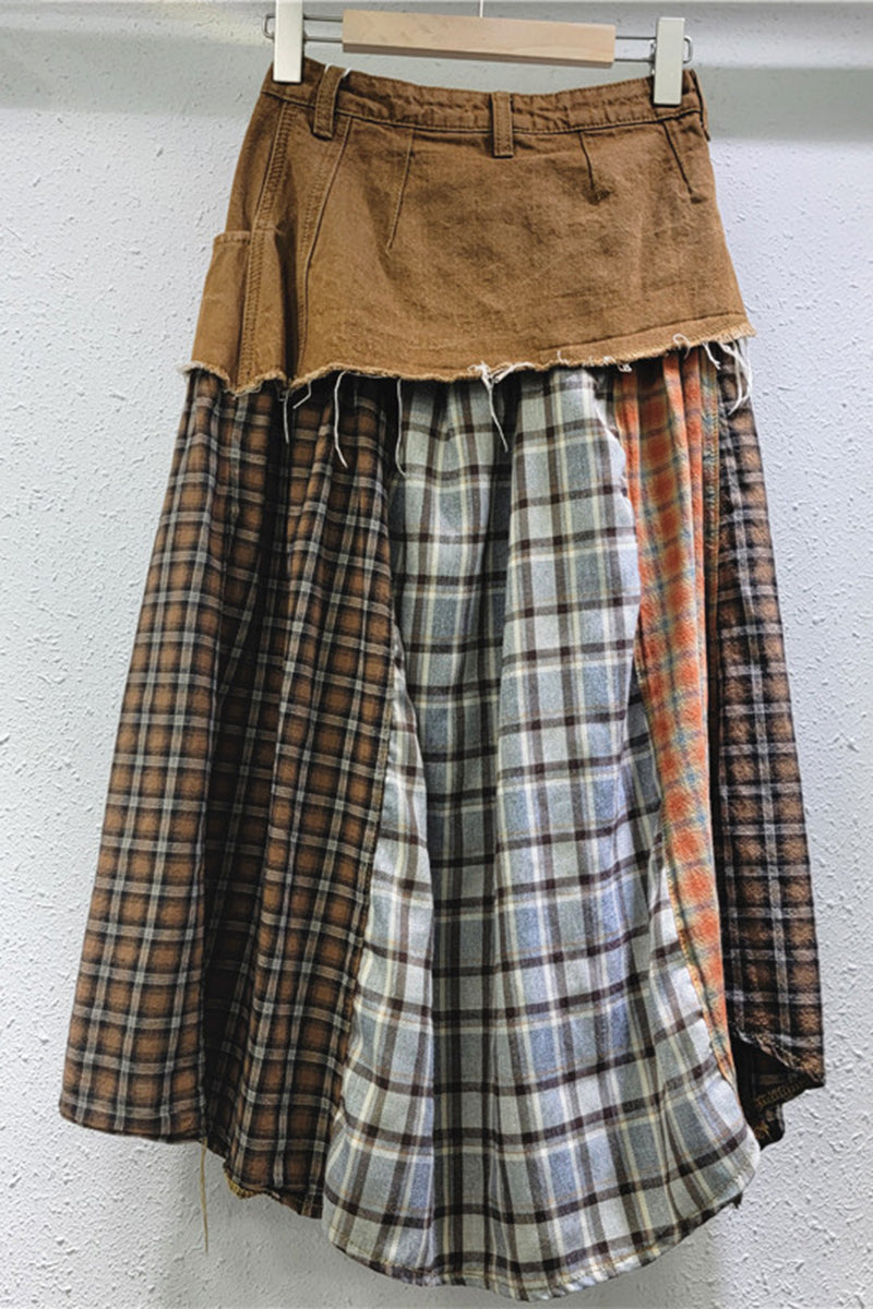 Plaid Patchwork Asymmetrical Midi Skirt