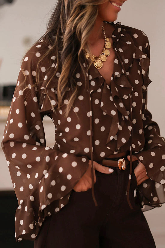Polka Dot Ruffle Trim Bell Sleeve Blouse