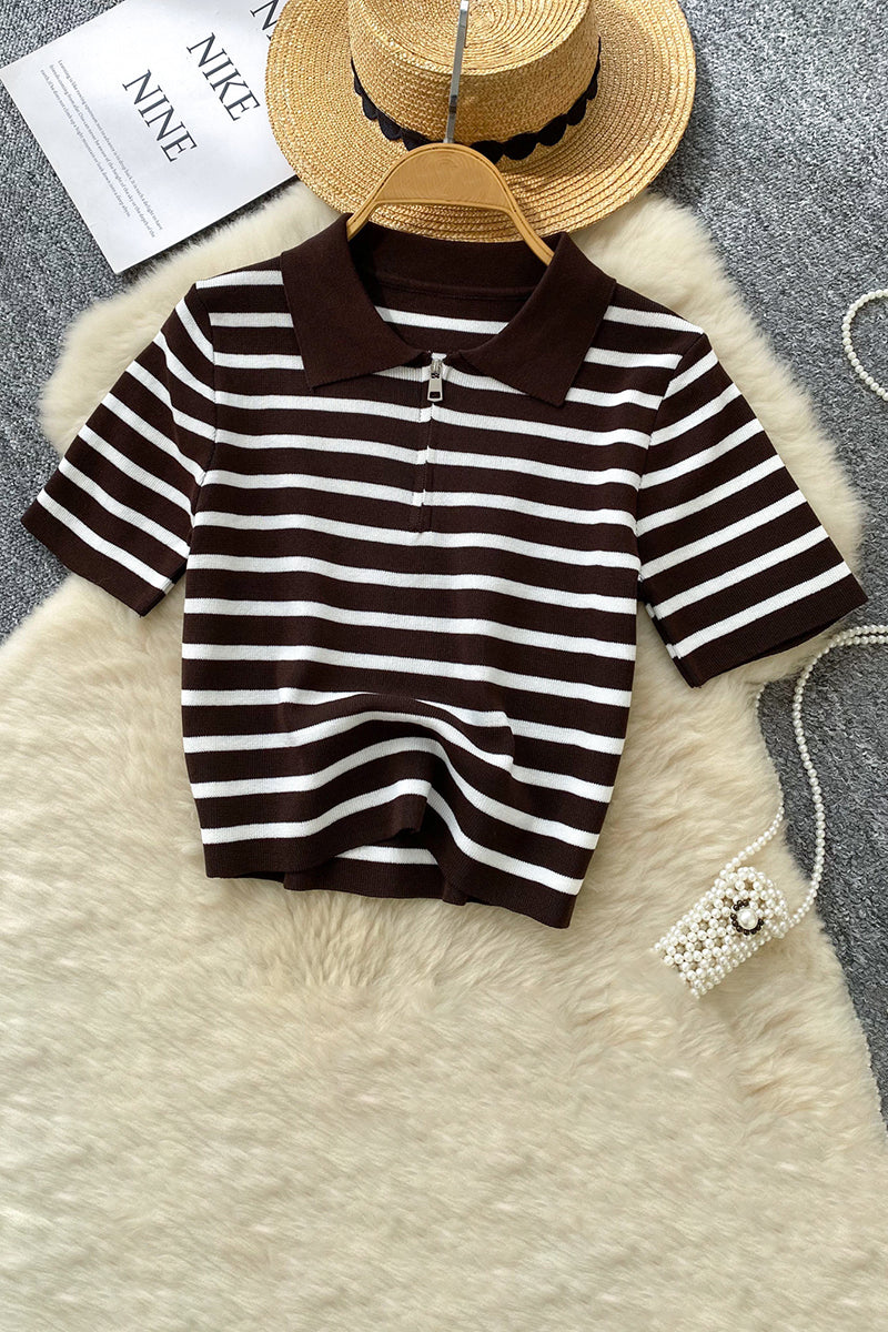 Striped Polo Zipper T-Shirt