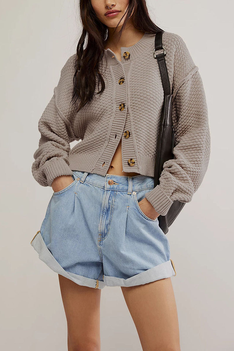 Button-Up Textured Crop Cardigan