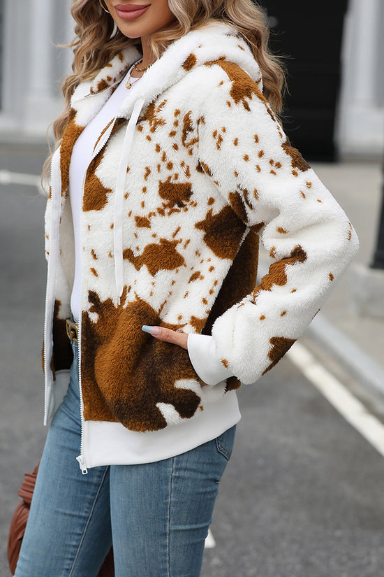 Cozy Hooded Cow Print Zip-Up Coat