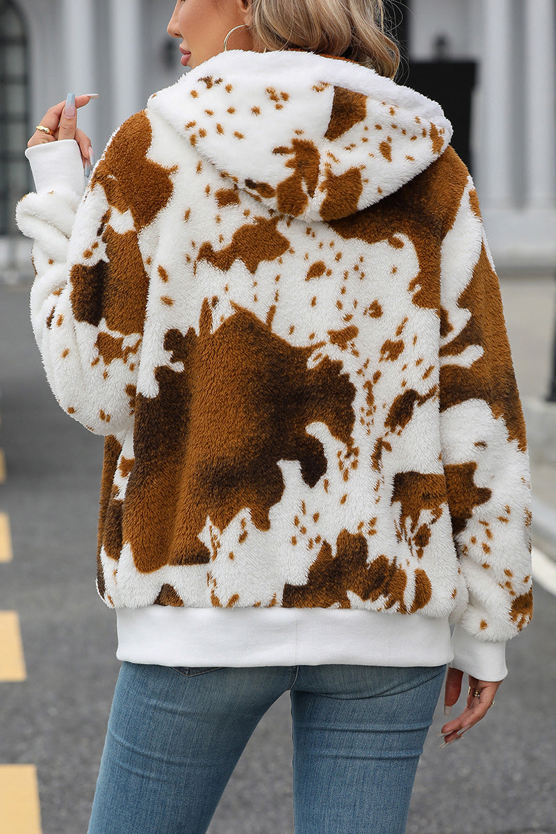 Cozy Hooded Cow Print Zip-Up Coat