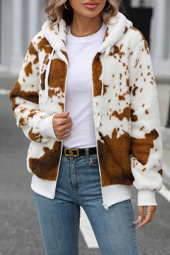 Cozy Hooded Cow Print Zip-Up Coat