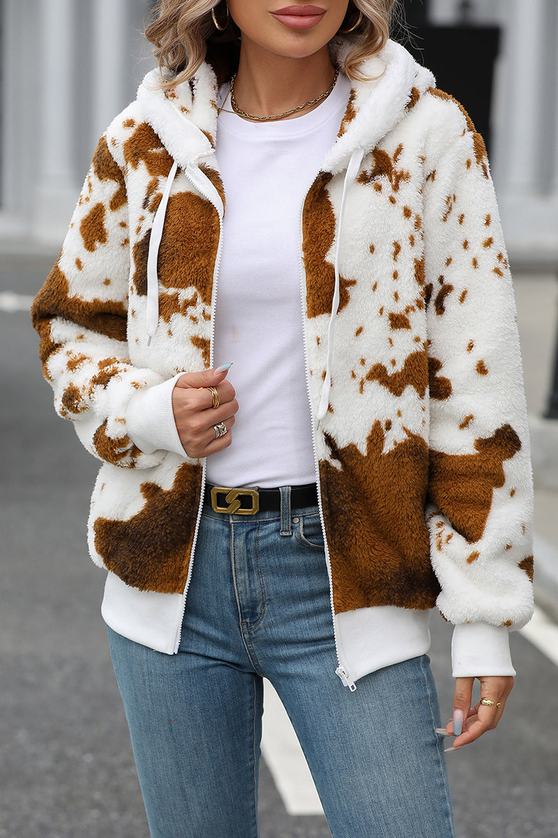 Cozy Hooded Cow Print Zip-Up Coat
